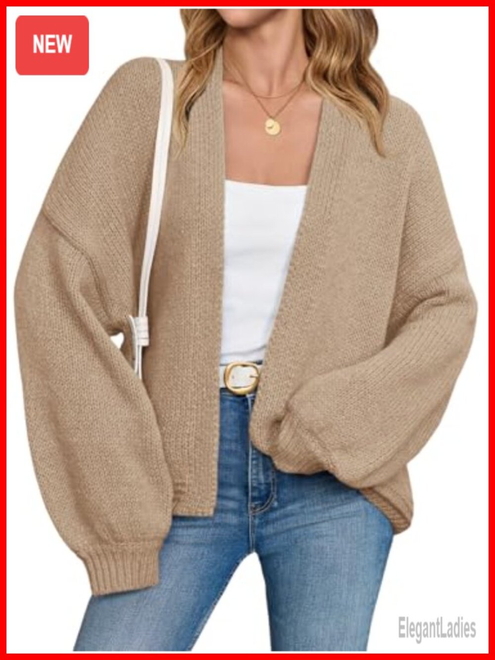 Womens Chunky Knit Open Front Cardigan Oversized Lantern Sleeve Sweater Coat